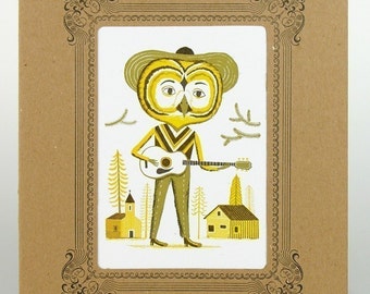 GUITAR PICKING OWL Hand Printed Letterpress Print in a Vignette Mat