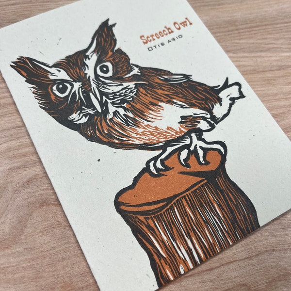 SCREECH OWL hand printed hand carved BIRD lino cut letterpress greeting cards, Feathered Friends series, otis asio, ornithology