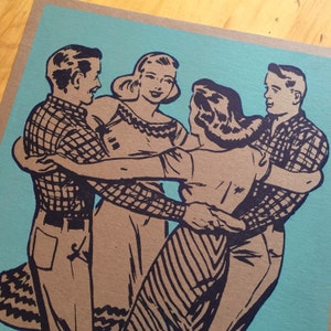 2 SQUARE DANCE POSTERS hand printed letterpress, turquoise art, vintage dance print, square dance art, couples dancing, southern social image 4