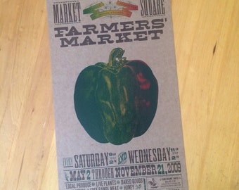 FARMERS MARKET Bell PEPPER, Hand Printed Letterpress Poster, foodie art, vegetable art, farmers gift, farm to table, organic, colorful food