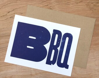 1 BLUE BBQ greeting card Letterpress kitchen art, Southern cooking pork beef ribs Meat lovers grilling, cookout, Barbecue Comfort food gift