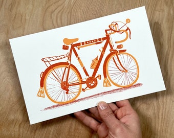 1 ROAD BICYCLE vintage style 10-speed hand printed letterpress illustration, bike lovers art, drop handlebars, mudflaps, yee haw, racer bike