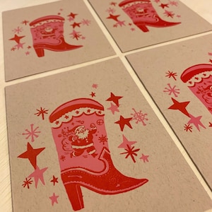 4 COWBOY BOOTS Christmas cards Santa Claus letterpress red pink vintage rockabilly nashville, handmade VLV Holiday cheer classic country