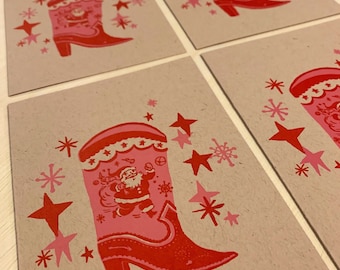 4 COWBOY BOOTS Christmas cards Santa Claus letterpress red pink vintage rockabilly nashville, handmade VLV Holiday cheer classic country