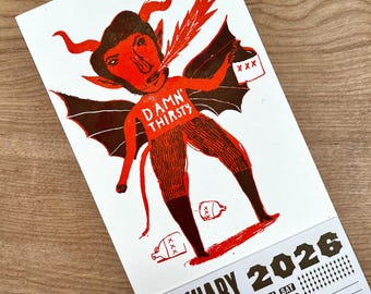 MOONSHINE Thirsty DEVIL Mini Calendar 2026 Hand Printed Letterpress, Red Fire-Breathing Devil White Lightning jug of Hooch, home distillery