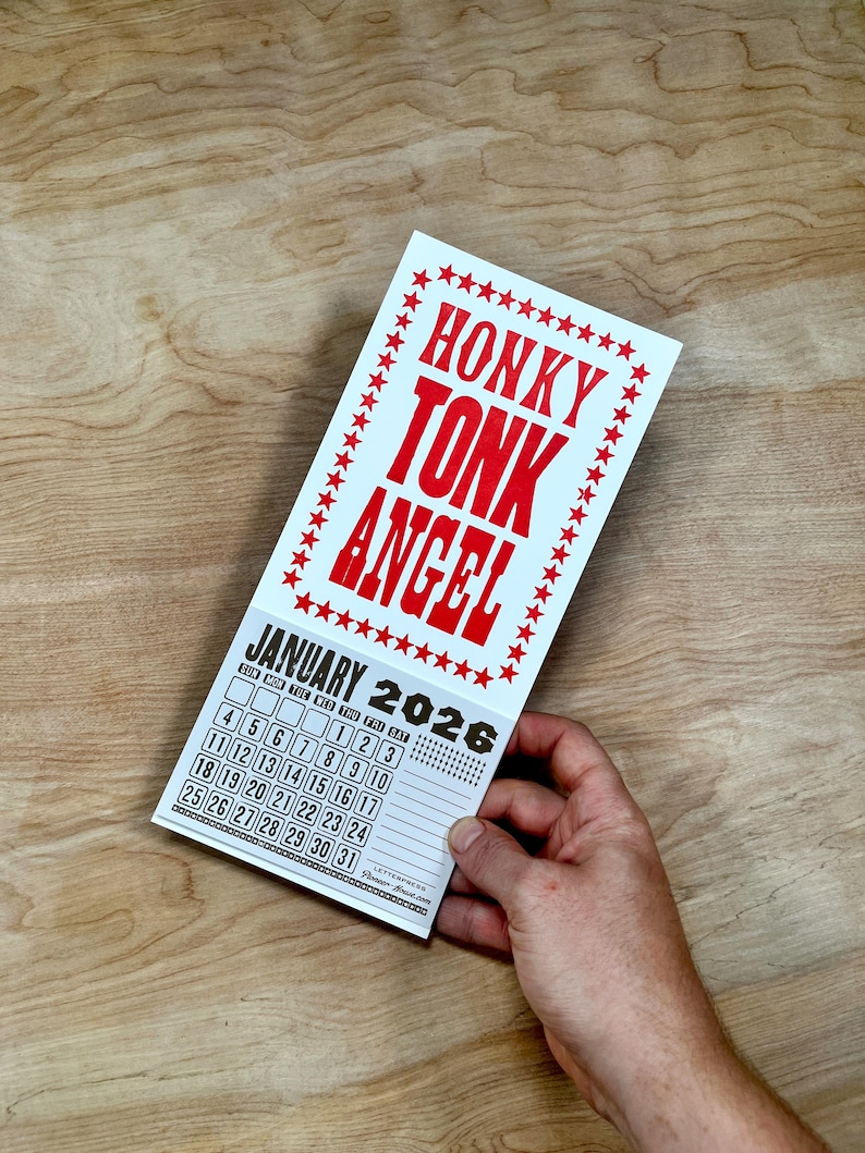 HONKY TONK Angel Mini 2026 CALENDAR Choose White or Orange Paper Hand Printed Letterpress country music star Loretta Lynn Dolly Parton Weiß