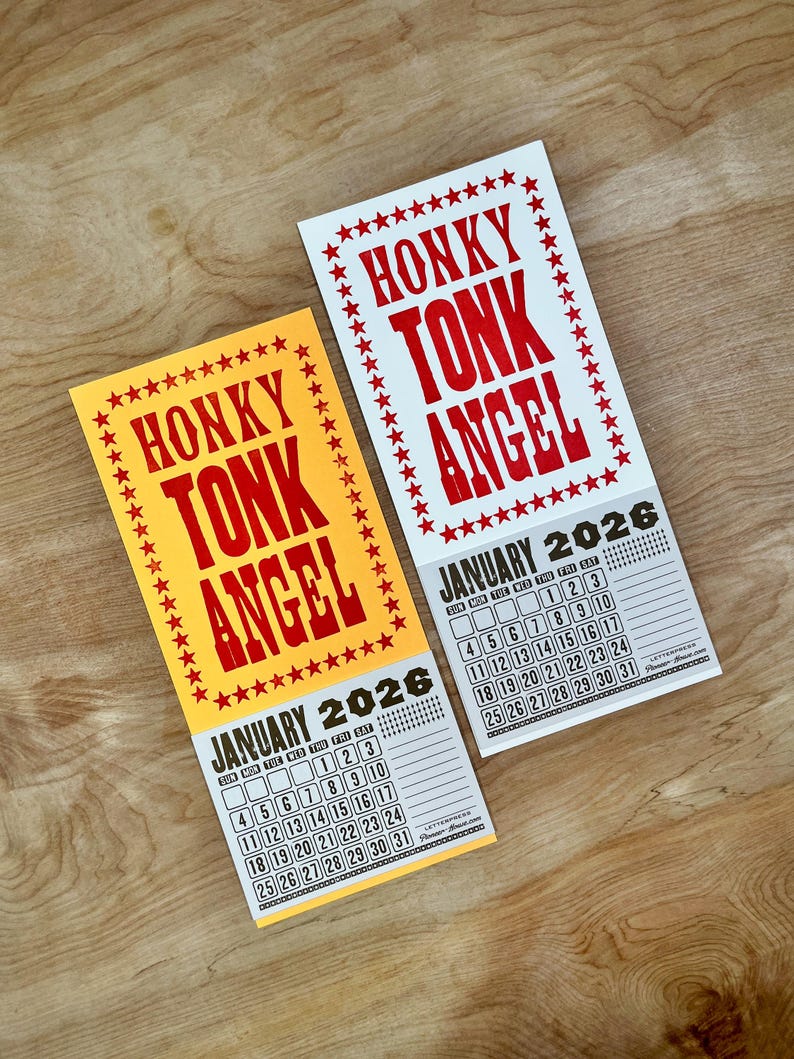 HONKY TONK Angel Mini 2026 CALENDAR Choose White or Orange Paper Hand Printed Letterpress country music star Loretta Lynn Dolly Parton Bild 2