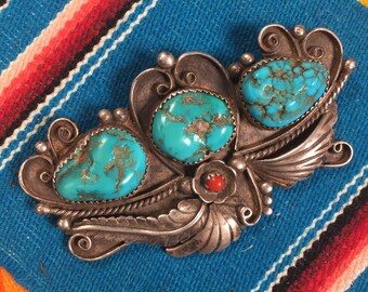 Large NAVAJO Brooch TURQUOISE 1960's Unique VINTAGE Pin Native American Silver Hand Made, Navajo Antique, December birthstone, gift, jewelry