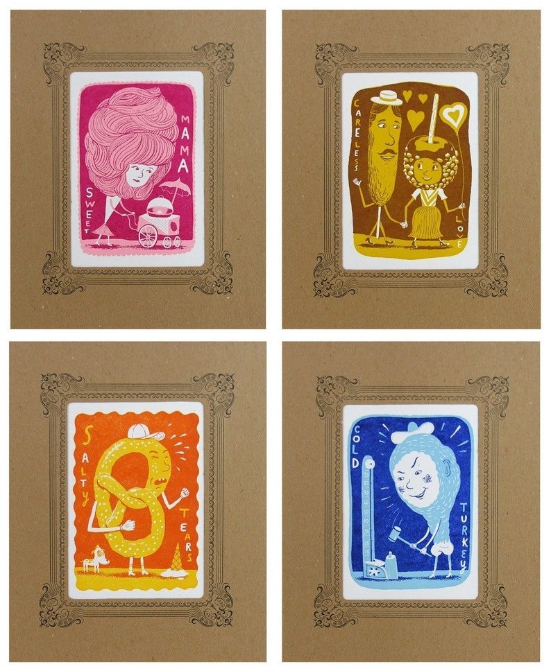 FOOD on a STICK CARNIVAL Food 4-pack in Kraft Mats Hand Printed Letterpress Turkey Leg, Cotton Candy, Corn Dog, Candy Apple, Pretz image 1