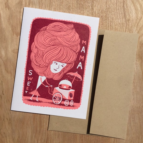 1 pink SWEET MAMA greeting MOTHER'S Day card hand printed letterpress cotton candy beehive hairdo mom appreciation stroller art thank you