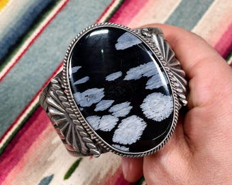 SNOWFLAKE OBSIDIAN CUFF Large Sterling Silver black white stone Native American handmade jewelry, southwest gift, wedding valentine birthday