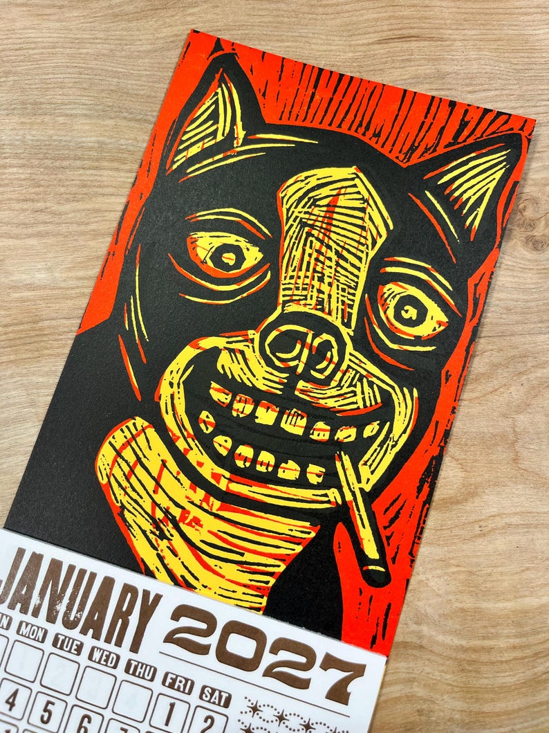 SMOKING DOG CALENDAR 2027 Hand Printed Letterpress, small woodcut, canine lovers gift, pet people, funny dogs, secret santa stocking stuffer bild 4