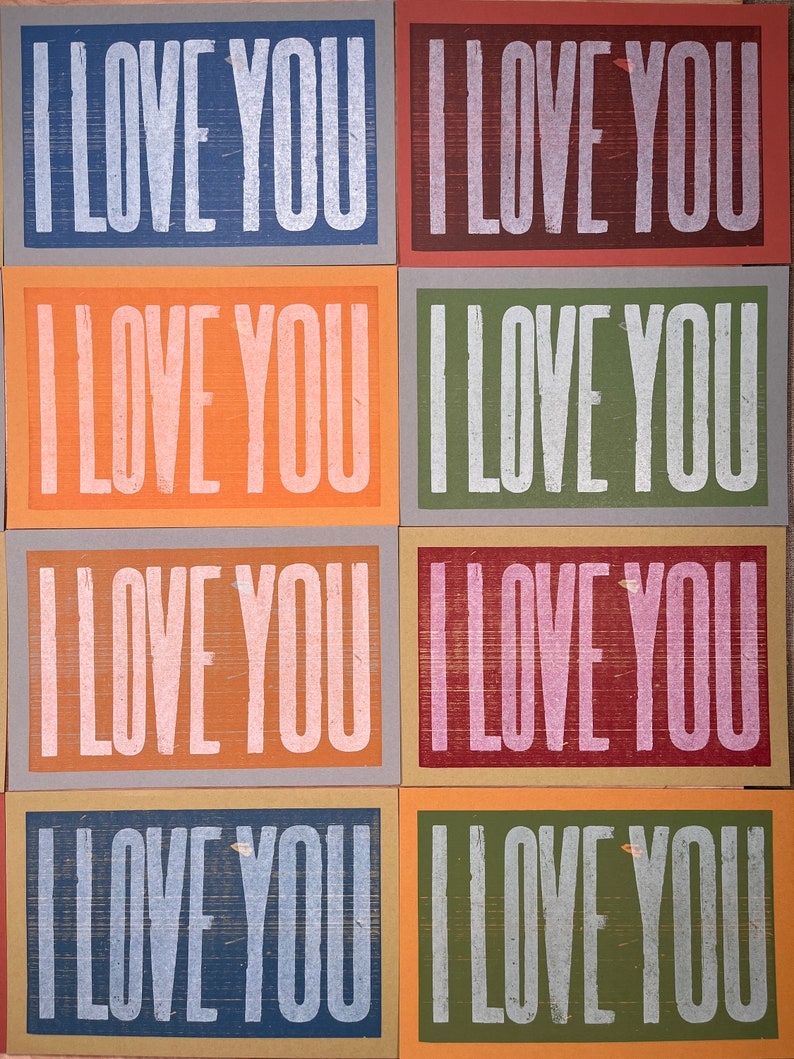 4 I LOVE YOU Cards Letterpress Hand Printed oversized A10 card recycled paper kraft envelopes, couples, valentine, image 6