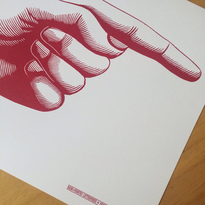 Giant POINTY FINGER Pointing RIGHT Hand Printed Letterpress Poster on Kraft cardstock image 3