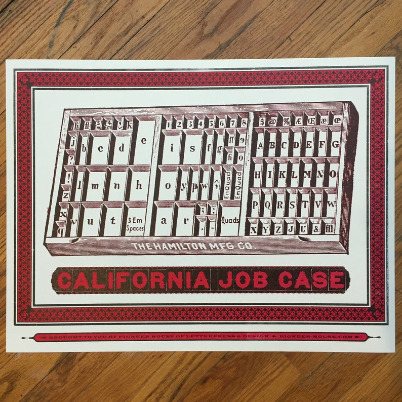 May include: A vintage wood printing tray with metal compartments containing letterpress type. The tray is labeled "The Hamilton Mfg Co. California Job Case".