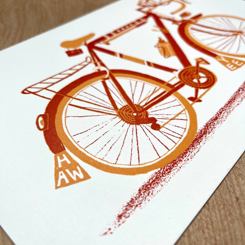 1 ROAD BICYCLE vintage style 10-speed hand printed letterpress illustration, bike lovers art, drop handlebars, mudflaps, yee haw, racer bike image 7