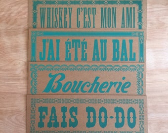 4 CAJUN SIGNS in FRENCH, letterpress prints, whiskey print, dance party, Cajun kitchen, Louisiana art, New Orleans signs, hand-printed decor