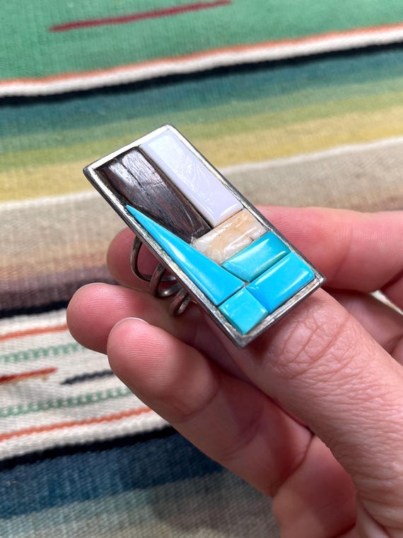 W. Begay RING, MULTI-STONE long rectangular desig… - image 4