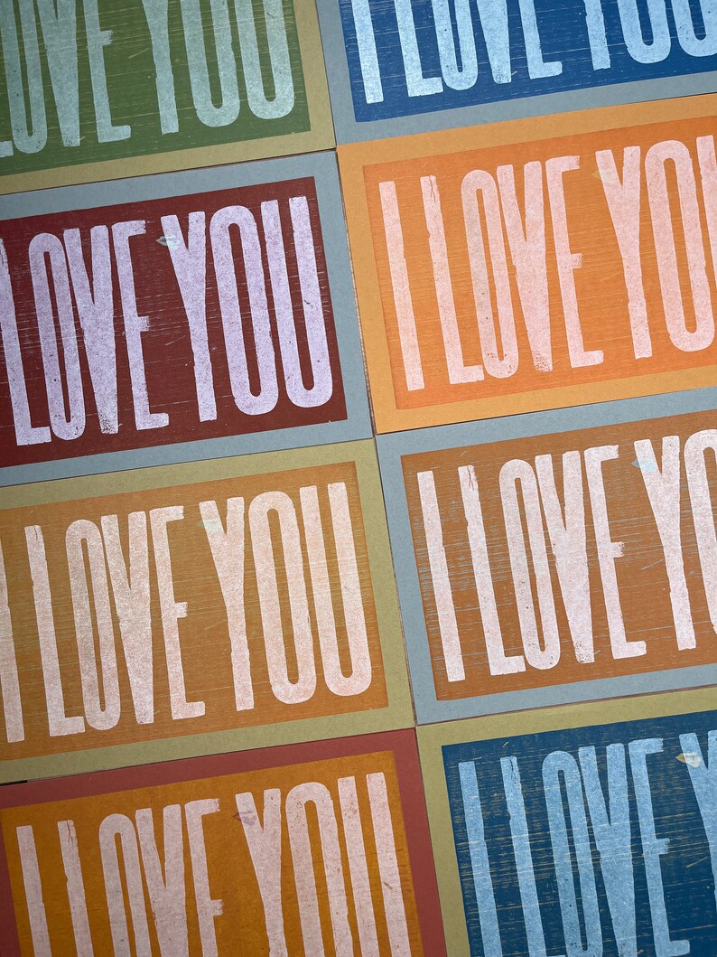 4 I LOVE YOU Cards Letterpress Hand Printed oversized A10 card recycled paper kraft envelopes, couples, valentine, image 3