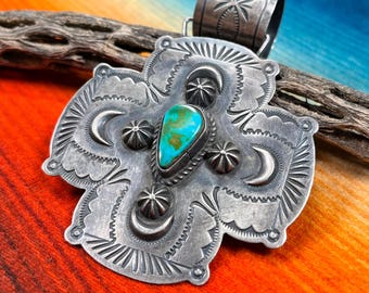 Large Square Cross PENDANT handmade TURQUOISE by Dean Sandoval Jr Native American Navajo sterling jewelry, crux quadrata, southwest art gift