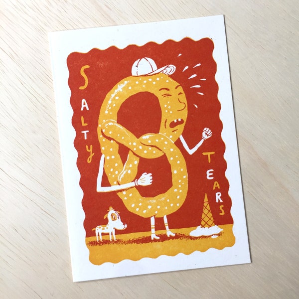 1 Orange SALTY TEARS CARNIVAL Greeting Card, Letterpress, Framable Art, Hand Printed Letterpress Print sideshow, pretzel, crying, food
