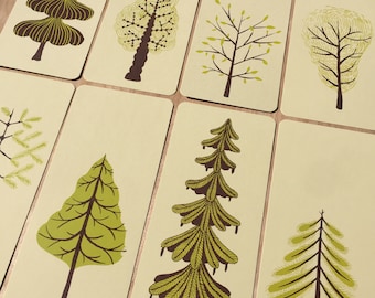 GREEN TREE CARDS Letterpress Prints Merry Christmas Tree Happy Holidays 8 different trees frame or mail Forest Hiking backpacking camping