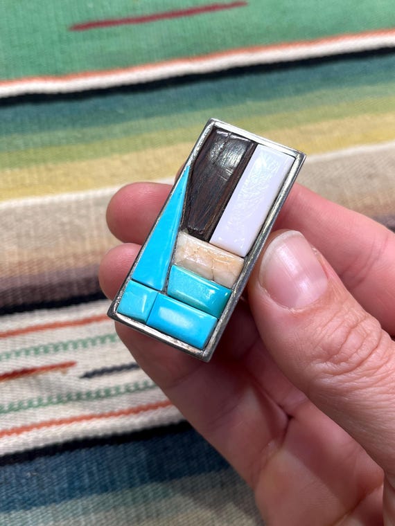 W. Begay RING, MULTI-STONE long rectangular desig… - image 1