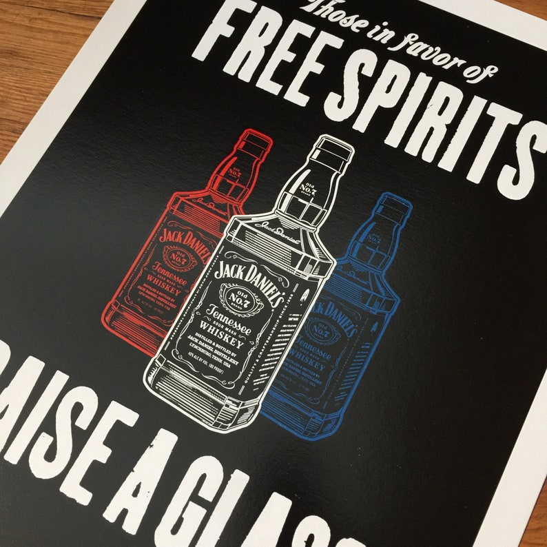 JACK DANIELS POSTER Free Spirits, Whiskey Bar decor, Kitchen art, Drinking shops poster, letterpress print, whiskey, distillery, Tennessee art
