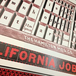 May include: A vintage printing block with the text "THE HAMILTON MFG. CO." and "CALIFORNIA JOB" in red and black lettering. The block features a close-up of a typesetting tray with various letter and number keys.