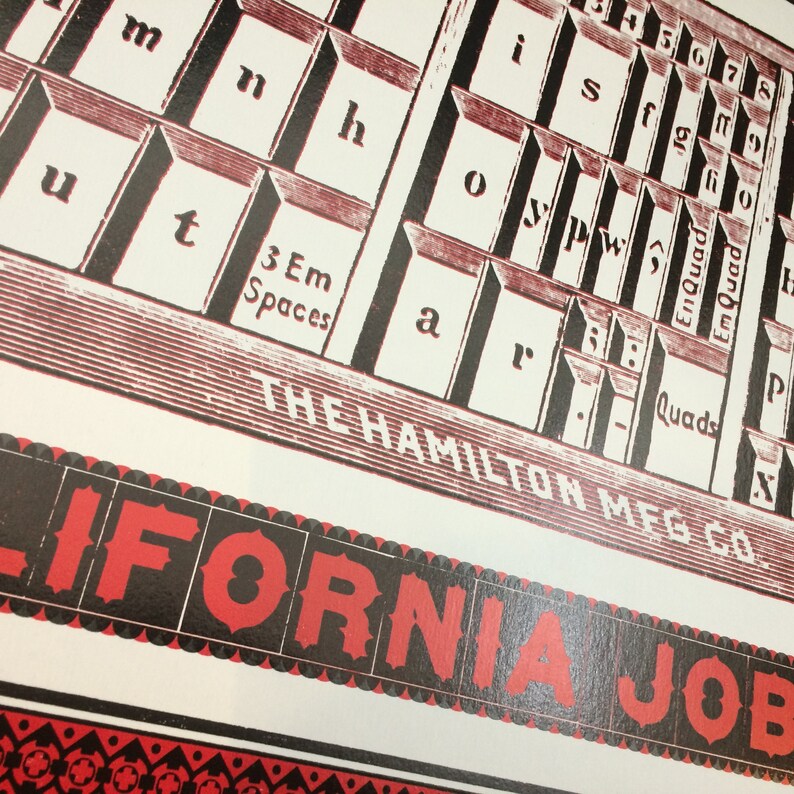 May include: A vintage printing block with the text "THE HAMILTON MFG. CO." and "CALIFORNIA JOB" in red and black lettering. The block features a close-up of a typesetting tray with various letter and number keys.