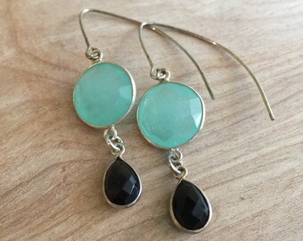 One-of-a-Kind Handmade EARRINGS, Blue Chalcedony, Black Onyx, Sterling Silver Ear Wires, Bezel-Set Natural Gemstone, Faceted Gems