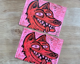 Wily WOLF Woodcut Greeting Card by artist SEAN STARWARS Hand Printed Letterpress, funny print, critter art, animal lovers, carved wood