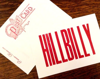 6 HILLBILLY Red Hand Printed Letterpress Postcards, Southern cards, I Love Mountains, country music, classic country, rustic card, handmade