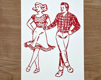 1 DANCING COUPLE Promenade Print RED Ink hand printed letterpress, dancers, western swing, contra dance, honky tonk two stepping card