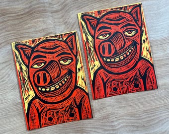 SMILING PIG Woodcut Greeting Card by artist Sean STARWARS Hand Printed Letterpress, funny print, critter art, animal lovers, carved wood