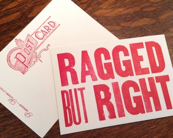 RAGGED BUT RIGHT 6 Red Hand Printed Letterpress Postcards, music lovers gift, Riley Puckett, Grateful Dead, George Jones traditional country