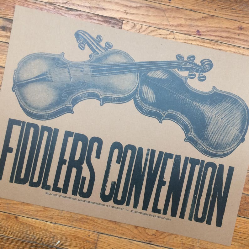 FIDDLERS CONVENTION poster Violin poster Old time music sign Letterpress poster Bluegrass poster Kentucky decor Rustic art Fiddle sign Music image 1
