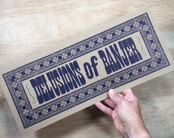 Blue DELUSIONS of BANJER print banjo gifts, letterpress sign, old time music, bluegrass banjo, clawhammer banjo, hand-printed poster, art