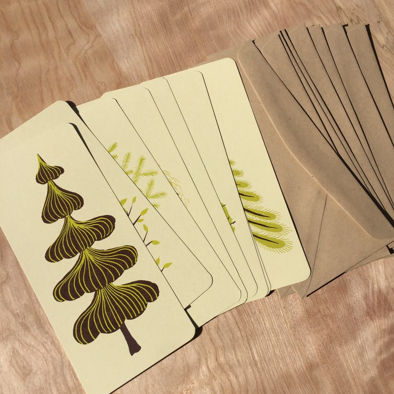 GREEN TREE CARDS Letterpress Prints Merry Christmas Tree Happy Holidays 8 different trees frame or mail Forest Hiking backpacking camping image 9