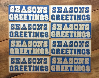 SEASONS GREETINGS 8 Cards hand printed letterpress, holiday greetings, blue and silver, antique vintage wood type, rustic decor, Christmas