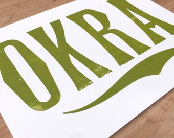 1 Green OKRA greeting card, Southern kitchen art, letterpress dessert, Comfort food, Foodies, Gumbo, restaurant decor, antique typography