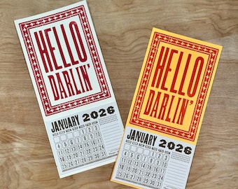 HELLO DARLIN' 2026 Mini CALENDAR Orange and White, Southern Sayings Gift Country Music Lovers Southern Calendars Stocking Stuffer, red ink