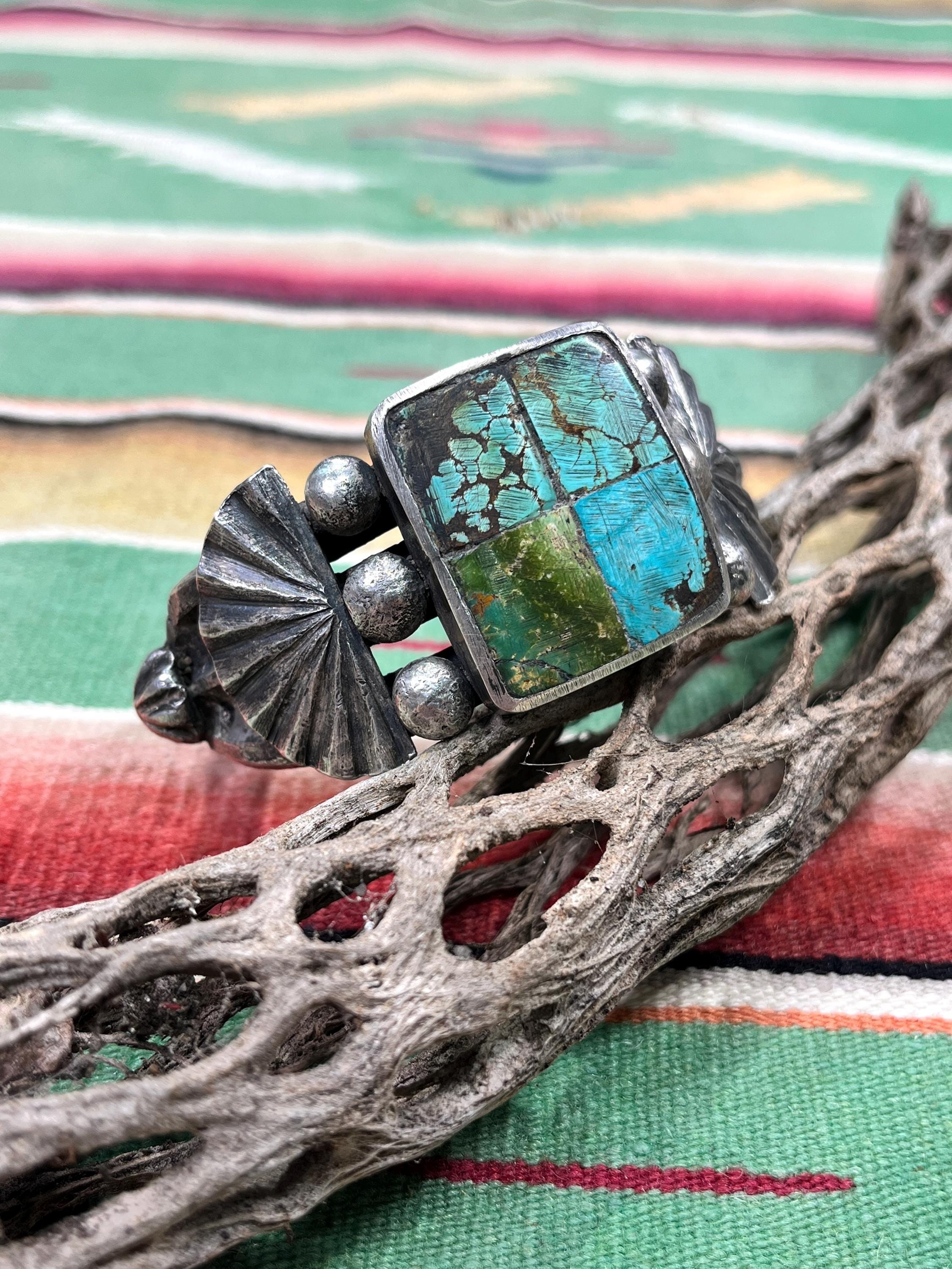 Jock Favour CUFF Bracelet TURQUOISE STONE Inlay Coin Silver