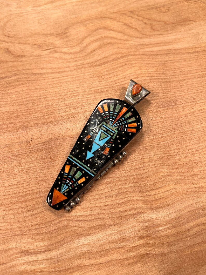 SALE Huge Jet Micro INLAY PENDANT, Navajo Ray Jack Sterling Silver ...