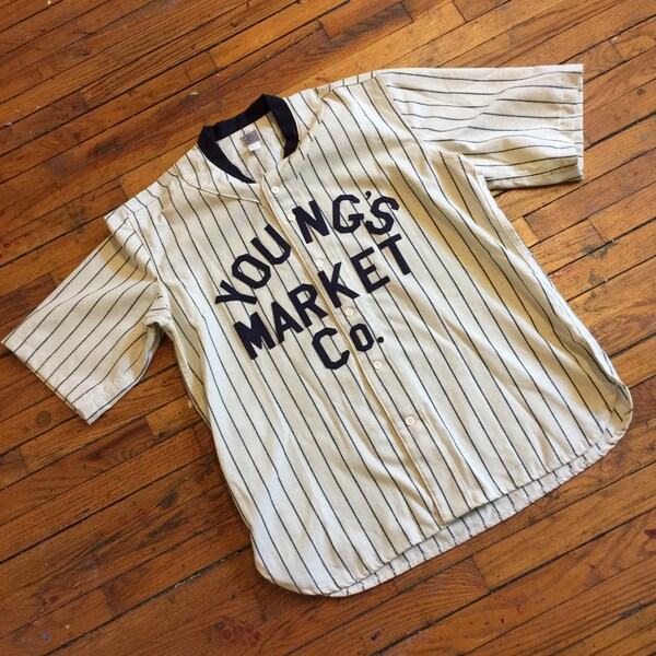 BASEBALL JERSEY, XL Youngs Market Ebbets Field Flannels, Wool Vintage retro style athletic sportswear, custom made, wines liquor spirits