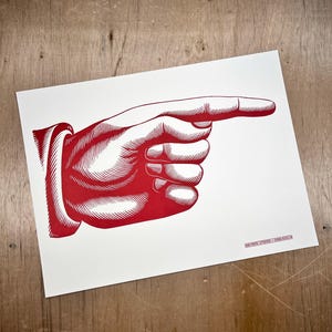 Giant POINTY FINGER Pointing RIGHT Poster, Hand Printed Letterpress Print on Kraft cardstock, direction sign pointing here continue straight