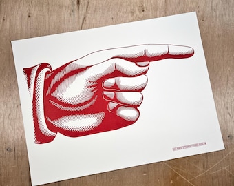 Giant POINTY FINGER Pointing RIGHT Poster, Hand Printed Letterpress Print on Kraft cardstock, direction sign pointing manicule continue