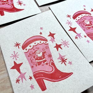 4 COWBOY BOOTS Christmas Cards in Pink, Hand Printed Letterpress red vintage rockabilly nashville handmade VLV Holiday cheer classic country