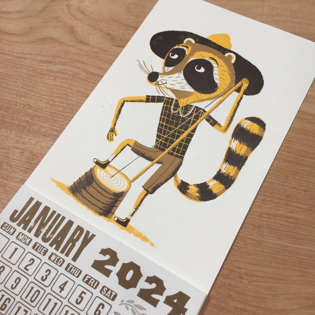 WASH TUB Bass Pickin' RACCOON Calendar 2024 Hand Printed Letterpress
