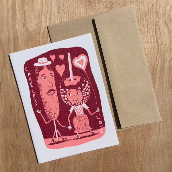 1 pink CARELESS LOVE greeting card CARNIVAL hand printed letterpress, sweet hearts hand holding corn dog candy apple sideshow couple art